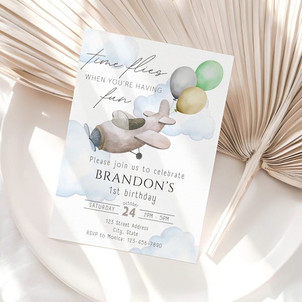 Airplane Birthday Invitation Template, Editable Balloons Birthday Party Invite, Aviation How Time Flies Invitation, Instant Download