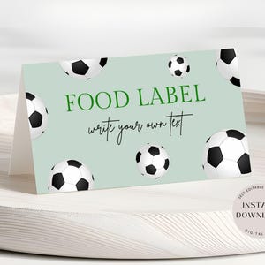 Etiqueta de comida de futebol, cartões de barraca de comida de festa de aniversário de futebol editáveis, modelo de cartão de nome de mesa, cartão de lugar para impressão, download instantâneo