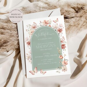 Convite de aniversário Boho Wildflower, modelo de convite floral editável para o primeiro aniversário, convite para festa no jardim para meninas, download instantâneo