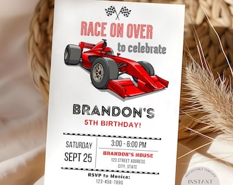 May include: A red and white race car birthday party invitation with the text "Race on Over to Celebrate Brandon's 5th Birthday!"  The invitation includes the date, time, and location of the party.