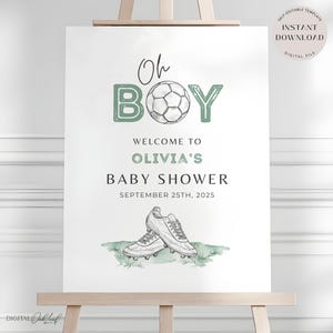 Fußball-Babyparty-Willkommensschild, bearbeitbares Babyparty-Poster zum Thema Sport, kleiner Baller-Babyparty-Eingabeschild, digitaler Download
