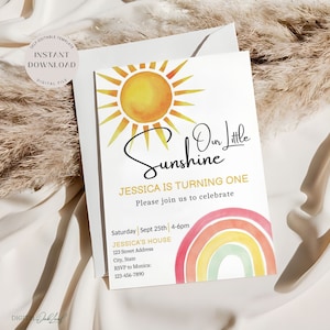 Boho-Geburtstagseinladung, bearbeitbare Regenbogen- und Sonnen-Geburtstagsfeier einladen, Mädchen Minimalist einladen, unser kleiner Sonnenschein, digitaler Download