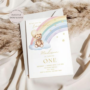 Regenbogen-Geburtstagseinladung, bearbeitbare Teddybär-Einladungsvorlage, Mädchen-Spaß-Geburtstagsfeier, einfache 1
