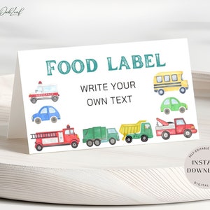 Etiqueta de comida de transporte editável, cartões de barraca de comida para festa de aniversário de carros, cartão de nome de mesa de transporte, cartão de lugar para impressão, download instantâneo