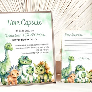 編集可能な恐竜の1歳の誕生日タイムカプセルテンプレート、恐竜のタイムカプセルとそれに合うメモカード、タイムカプセルサイン、すぐにダウンロードできます