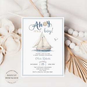 Ahoi, es ist eine Junge-Babyparty-Einladung, Nautische Babyparty, bearbeitbare Junge-Babyparty-Einladung, blaue Boot-Party-Vorlage, sofortiger Download
