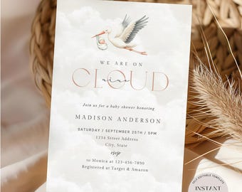 Faire-part de baby shower Cloud Nine, modifiable We're on Cloud 9, invitation de baby shower cigogne, modèle imprimable moderne, téléchargement immédiat