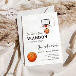 Modelo de convite de aniversário de basquete, convite editável para festa de aniversário de basquete, convite simples para festa esportiva de qualquer idade, download instantâneo