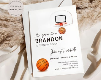 Basketball Birthday Invitation Template, Editable Basketball Birthday Party Invite, Simple Any Age Sports Party Invite, Instant Download