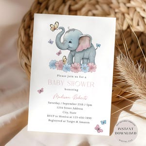 Elefant-Babyparty-Einladung, bearbeitbarer Elefant-Blumen einladen, Elefant- und Schmetterlings-Babyparty, druckbare Vorlage, sofortiger Download