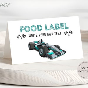 Etiqueta de comida de carro de corrida editável, cartões de barraca de comida de festa de aniversário de carros velozes, cartão de nome de mesa de carro de corrida, cartão de lugar para impressão, download instantâneo