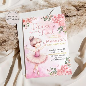 Ballerina Birthday Invitation, Editable Ballet Girls Party Invite, Kids Dance Party Invite, Dance and Twirl Party, Digital Download