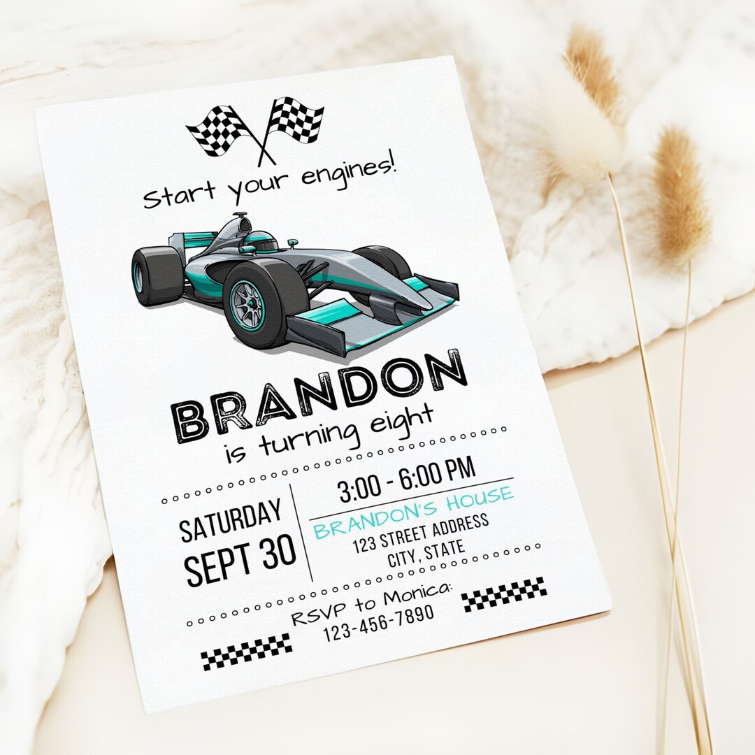 Racing Car Birthday Invitation Template, Green Race Car Party Invite ...