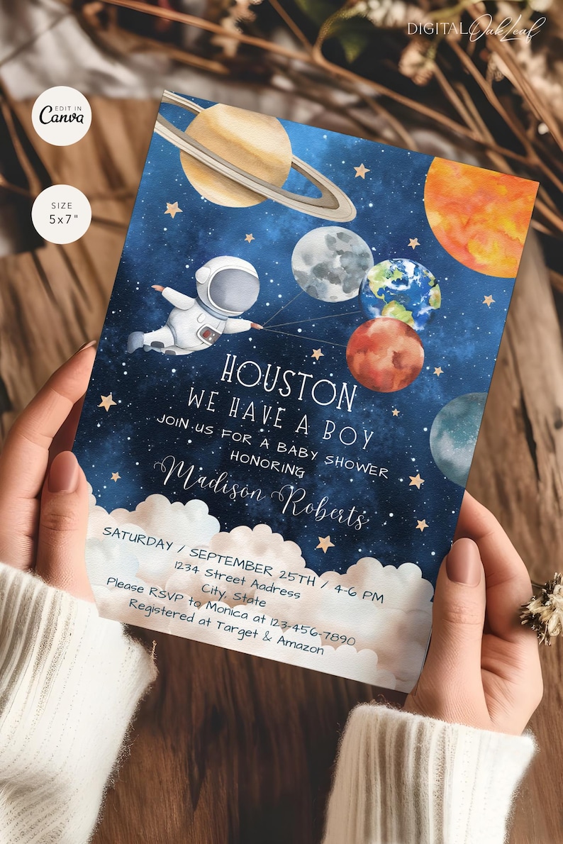 May include: A blue and white baby shower invitation with a cartoon astronaut holding planets. The text reads "Houston, We Have A Boy" and includes the date, time, and RSVP information.