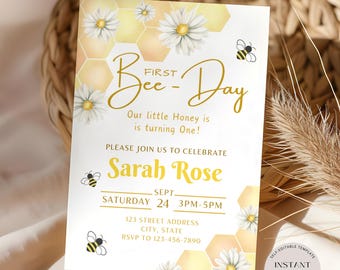 Editable First Bee-Day Birthday Invitation, Floral Bee Day Invite, 1st Bee Day Invitation, Honey Bee Birthday Party, Instant Download