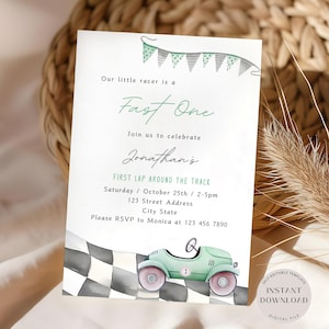 Fast One verjaardagsuitnodiging, groene raceauto verjaardagsuitnodiging, jongens 1e verjaardag, raceauto ride-on uitnodigingssjabloon, instant download