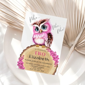 Rosa Eule Geburtstagseinladung Vorlage, bearbeitbare Eule Geburtstagsfeier einladen, druckbare Wald Mädchen Geburtstag einladen, sofortiger Download