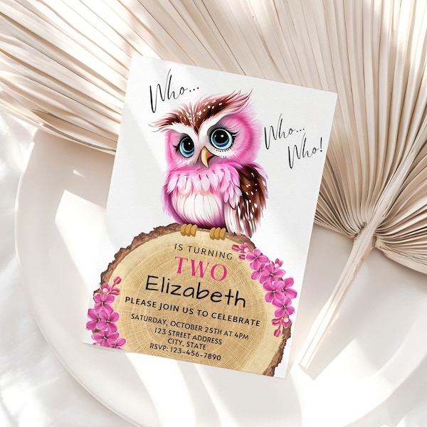 Pink Owl Birthday Invitation Template, Editable Owl Birthday Party Invite, Printable Woodland Girls Birthday Invite, Instant Download