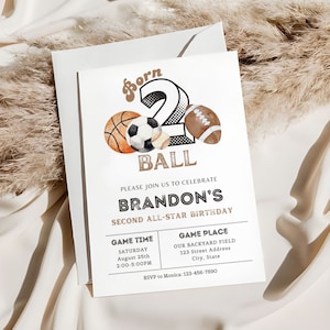Modello di invito Born 2 Ball, invito modificabile per il 2° compleanno, festa di compleanno All Star, invito a una festa sportiva stampabile, download istantaneo