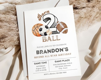 Born 2 Ball Invitation Template, Editable 2nd Birthday Invitation, All Star Birthday Party, Printable Sports Party Invite, Instant Download