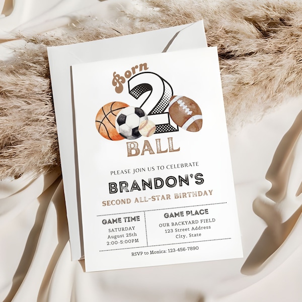 Born 2 Ball Invitation Template, Editable 2nd Birthday Invitation, All Star Birthday Party, Printable Sports Party Invite, Instant Download