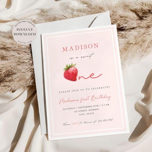 Invito di compleanno alla fragola, modello di invito modificabile Sweet One, invito alla festa rosa Berry Girls, 1° compleanno, download digitale