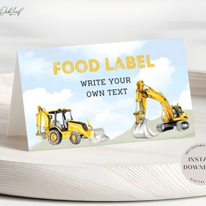 Etiqueta de alimentos de construção editável, cartões de barraca de alimentos para festa de aniversário de escavadeira, cartão de nome de mesa, cartões de lugar de festa para impressão, download instantâneo