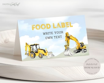 Editable Construction Food Label, Excavator Birthday Party Food Tent Cards, Table Name Card, Printable Place Card, Instant Download