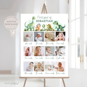 Modèle d'affiche de première année de dinosaure, signe de photo modifiable de premier anniversaire, affiche de photo d'étape importante du 1er anniversaire de bébé, téléchargement immédiat