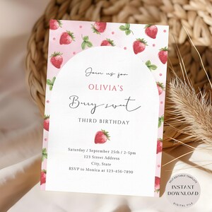 Convite de aniversário com morango, modelo de convite editável com frutas vermelhas, convite para festa com frutas vermelhas rosa para meninas, convite com frutas vermelhas, download digital