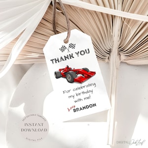 Etiqueta de agradecimento de carro de corrida editável, etiquetas de lembrancinha de festa de aniversário de fórmula, modelo de etiqueta de presente de aniversário para meninos, etiqueta de lembrança de kart, download instantâneo