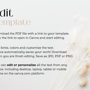 May include: Text on a white background that reads "Edit Template".  Download the PDF file with a link to your template. Click the link to open in Canva and start editing. Edit fonts, colors and customize the text. Canva automatically saves your work! Download when you are finish editing. Save as JPG, PDF or PNG. You can edit or personalize all the text from any device, including desktop, laptop, tablet or mobile phone on the canva.com platform.