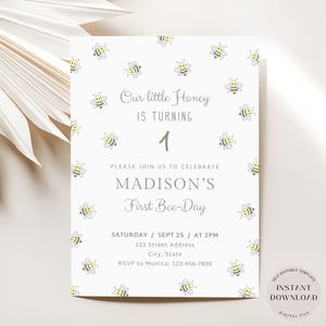 Invitación de cumpleaños de abejas, plantilla de invitación para fiesta de cumpleaños de abejas, primer cumpleaños de Bee-Day, invitación simple editable, descarga instantánea
