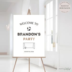 Plantilla editable de letrero de bienvenida de fútbol, decoración de fiesta de cumpleaños de fútbol para niños, póster imprimible para fiesta de cumpleaños de niños de cualquier edad, descarga instantánea