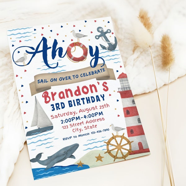 Nautical Theme Birthday Invitation Template, Editable Sail On Over Party Invite, Ahoy Sailing Birthday Invite Template, Instant Download