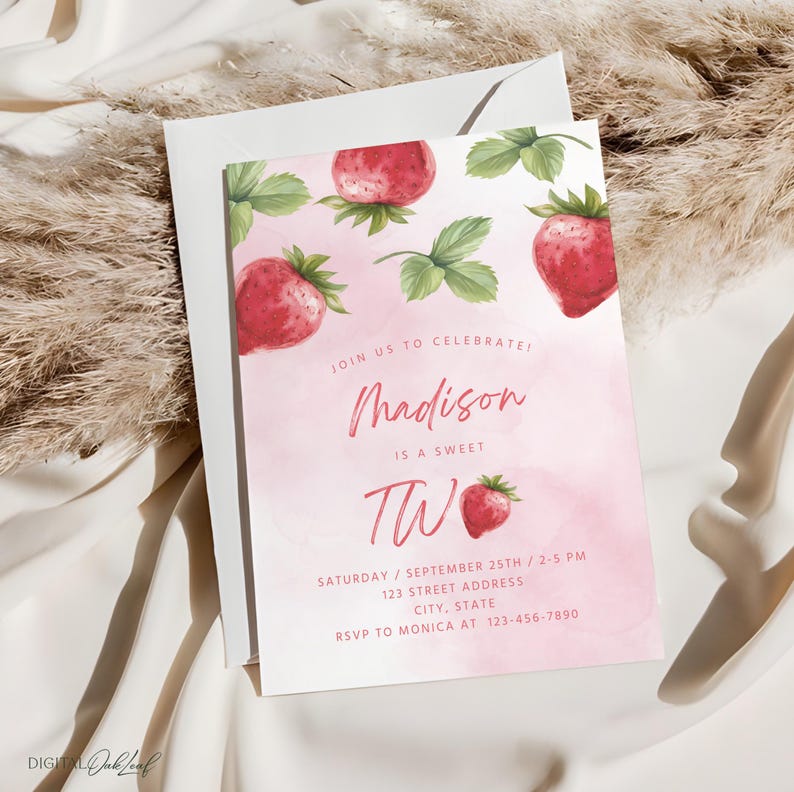 May include: Pink and white watercolor birthday invitation with a strawberry theme. The invitation says "Join us to celebrate Madison is a sweet two."  It also includes the date, time, address, and RSVP information.