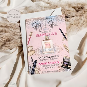 Invito per festa di compleanno trucco, modello modificabile per invito spa glamour, sfarzo per ragazze e compleanno glamour, invito per trucco di bellezza, download istantaneo