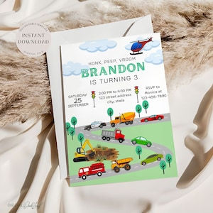 Modelo de convite de aniversário de transporte, convite de transporte divertido editável, convite de aniversário de carros, aniversário de meninos de qualquer idade, download instantâneo