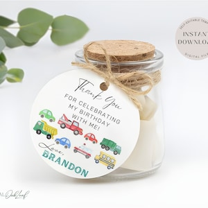 EDITIERBARE Transport Runde Favor Tag, Kreis Geburtstag Dankeschön-Tag-Vorlage, Jungen Geburtstag Favor Labels, Auto Geschenkanhänger, Sofort Download
