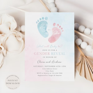 Baby-Fußabdruck-Gender Reveal einladen, blaue und rosa Einladung, Team Junge oder Mädchen, bearbeitbare er oder sie Babypartyvorlage, digitaler Download