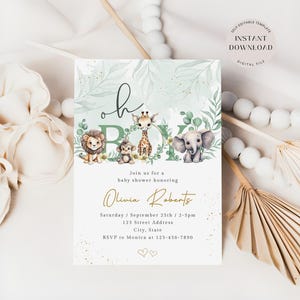 Safari babyshower uitnodiging, jungle dieren babyshower uitnodigen, groen safari dieren babyshower sjabloon, jongens uitnodigen, instant download