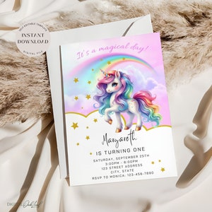 Convite de aniversário arco-íris unicórnio, convite para festa de unicórnio mágico editável, convite digital de aniversário infantil, convite para meninas, download instantâneo