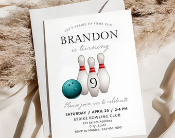 Bowling Birthday Invitation Template, Bowling Editable Invite, Let's Strike Up Some Fun Invite, Simple Sports Party Invite, INSTANT DOWNLOAD