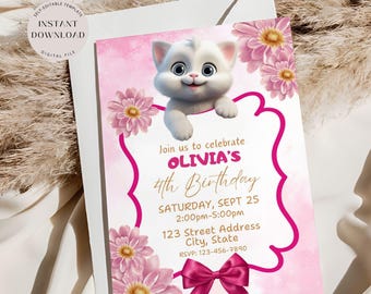 Kitty Birthday Invitation, Editable Cat Themed Birthday Invite, Cute Pink Kitten Invitation Template, Girls Birthday, Instant Download