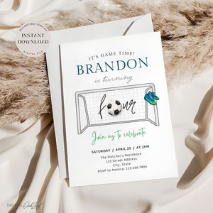 Modello di invito per compleanno di calcio, invito modificabile per festa di calcio, invito per il 4° compleanno, invito per compleanno sportivo stampabile, download istantaneo
