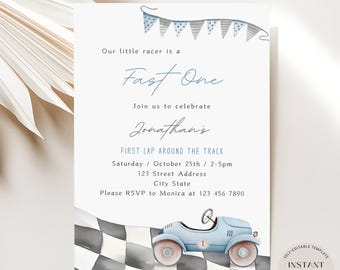 Fast One Birthday Invitation, Blue Race Car Birthday Invite, Boys 1st Birthday Invitation, Kids Racing Car Invite Template, Digital Download