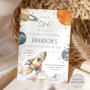 Faire-part d'anniversaire modifiable dans l'espace, invitation de fusée de planètes, modèle d'invitation dans l'espace, invitation galaxie, planètes et étoiles, téléchargement immédiat