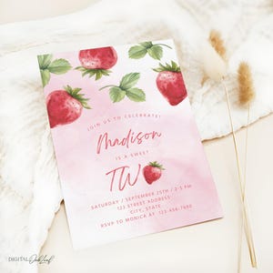 May include: Pink and white watercolor birthday invitation with strawberries and the text "Join us to celebrate! Madison is a sweet two. Saturday / September 25th / 2-5 PM 123 Street Address City, State RSVP to Monica at 123-456-7890"