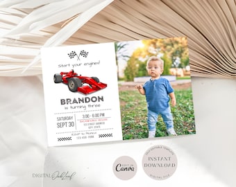 May include: A red and white racing car birthday invitation with a photo of a young boy. The invitation says "Start your engines! Brandon is turning three. Saturday Sept 30 3:00-6:00 PM Brandon's House 123 Street Address City, State RSVP to Monica 123-456-7800".