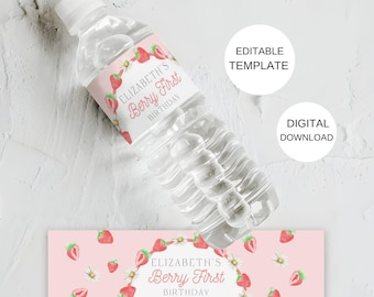 Puede incluir: Etiqueta de botella de agua imprimible rosa y blanca con fresas y margaritas. La etiqueta dice "Elizabeth's Berry First Birthday".